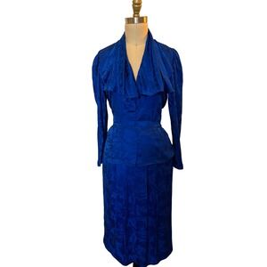 Vogue Alley Royal Blue Floral Silk Dress Suit Set Midi Skirt Top
